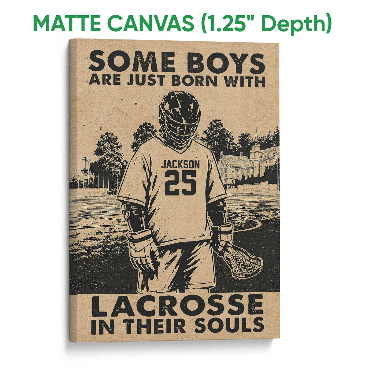 Matte canvas lacrosse wall art featuring a player in protective gear against a detailed field backdrop