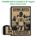 Black framed lacrosse wall art with a distressed sepia illustration and bold sports typography