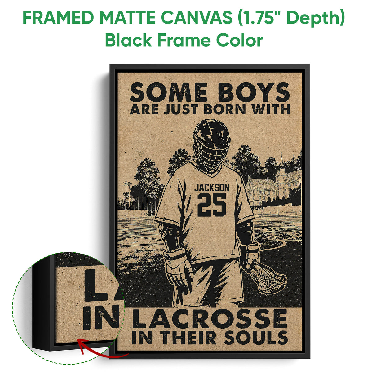 Black framed lacrosse wall art with a distressed sepia illustration and bold sports typography
