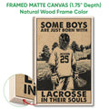 Natural wood framed lacrosse wall art with a distressed player illustration and bold lettering