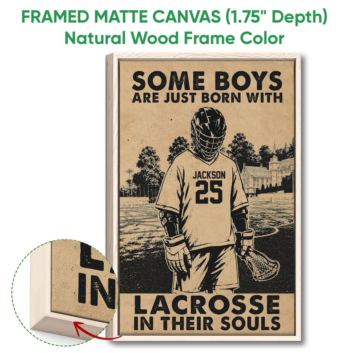 Natural wood framed lacrosse wall art with a distressed player illustration and bold lettering