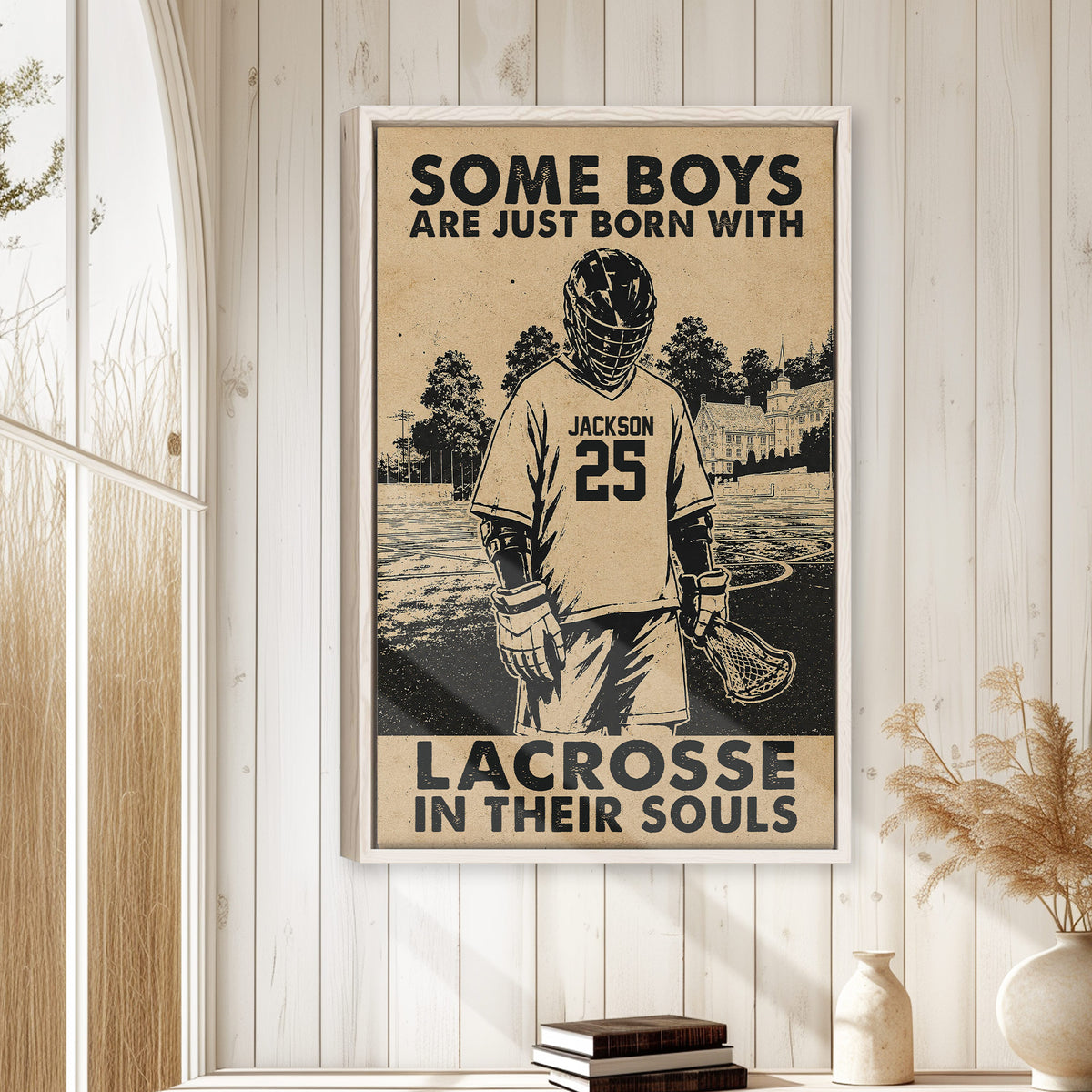 Lacrosse wall art displayed in a bright room with white wood paneling and natural decor