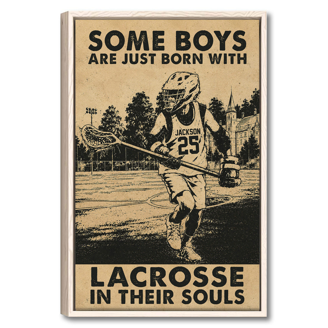 Framed lacrosse wall art featuring a sepia-toned player scene in a light wood frame