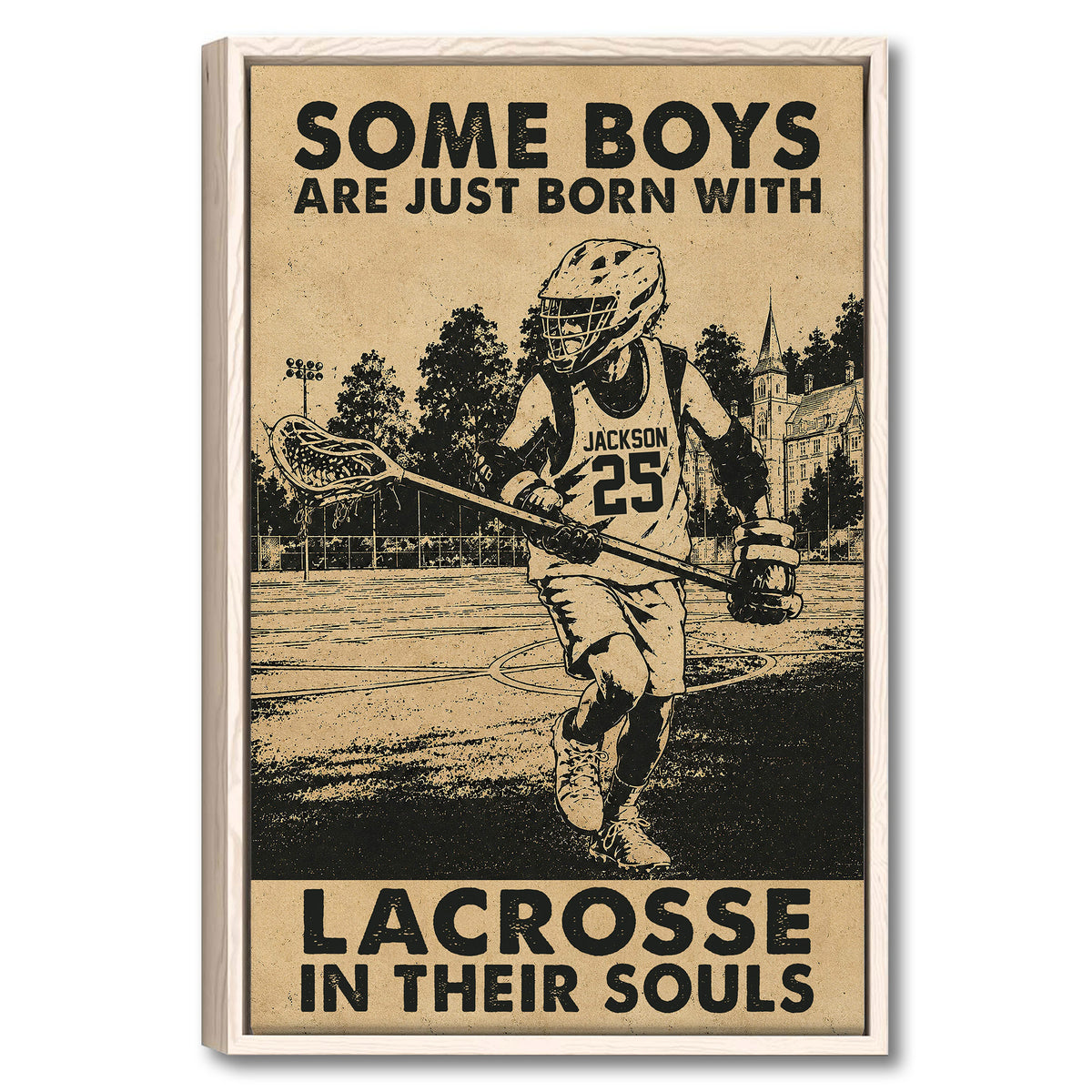 Framed lacrosse wall art featuring a sepia-toned player scene in a light wood frame