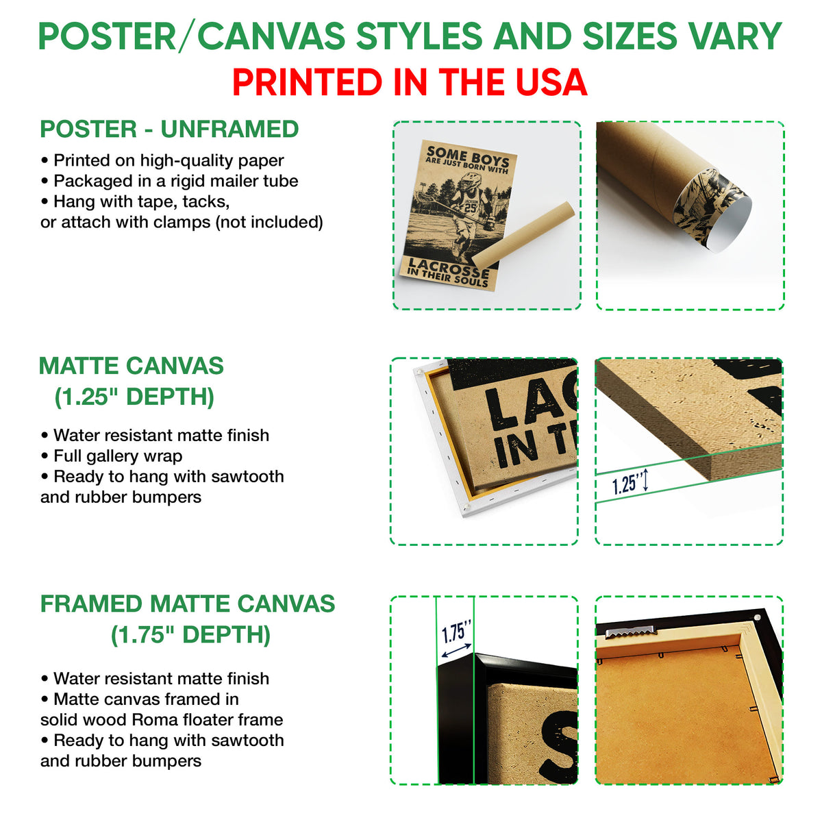 Lacrosse wall art poster and canvas format guide showing the available presentation options