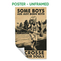 Unframed lacrosse poster featuring a sepia-toned player in action on a sports field