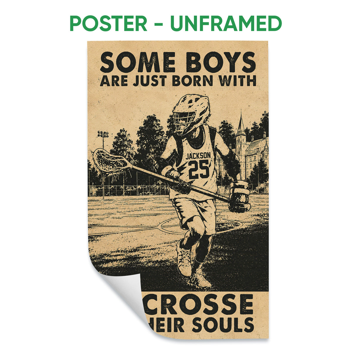 Unframed lacrosse poster featuring a sepia-toned player in action on a sports field