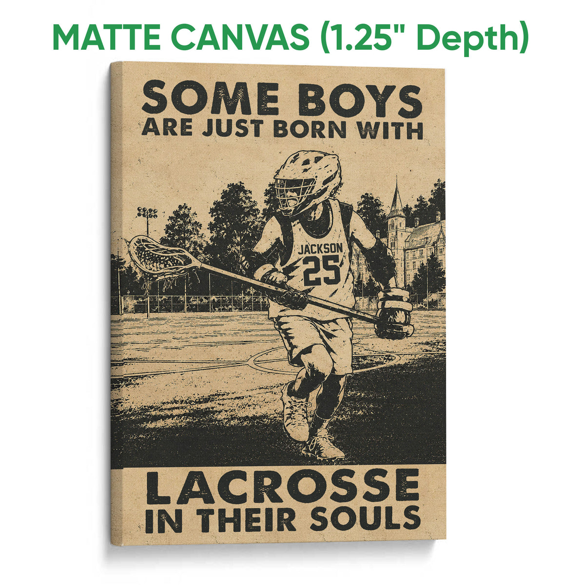 Matte canvas lacrosse wall art featuring a vintage-inspired player scene in sepia tones