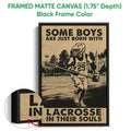 Framed lacrosse canvas wall art displayed with a black floater frame and close-up detail