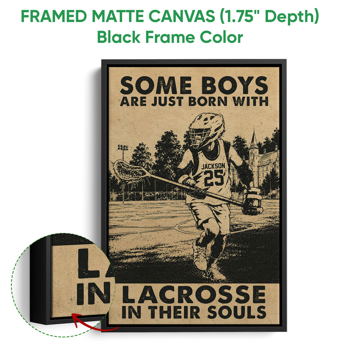 Framed lacrosse canvas wall art displayed with a black floater frame and close-up detail