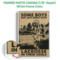 Framed lacrosse canvas wall art displayed with a white floater frame and close-up detail