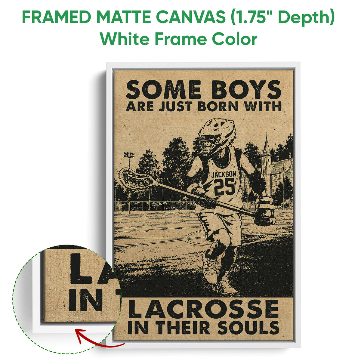 Framed lacrosse canvas wall art displayed with a white floater frame and close-up detail