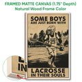 Framed lacrosse canvas wall art displayed with a natural wood frame and close-up detail