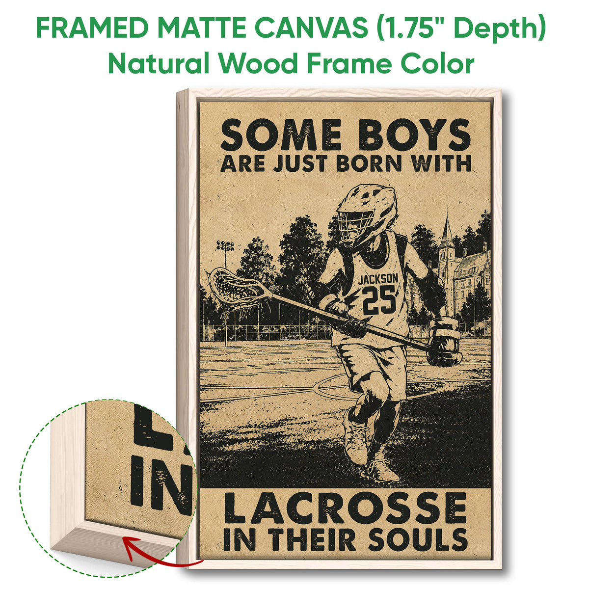 Framed lacrosse canvas wall art displayed with a natural wood frame and close-up detail