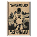 Framed lacrosse wall art with a sepia-toned player, motivational typography, field scene, and distressed vintage style