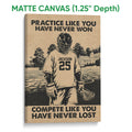 Matte canvas lacrosse wall art showing a helmeted player with lacrosse stick in a distressed sepia design