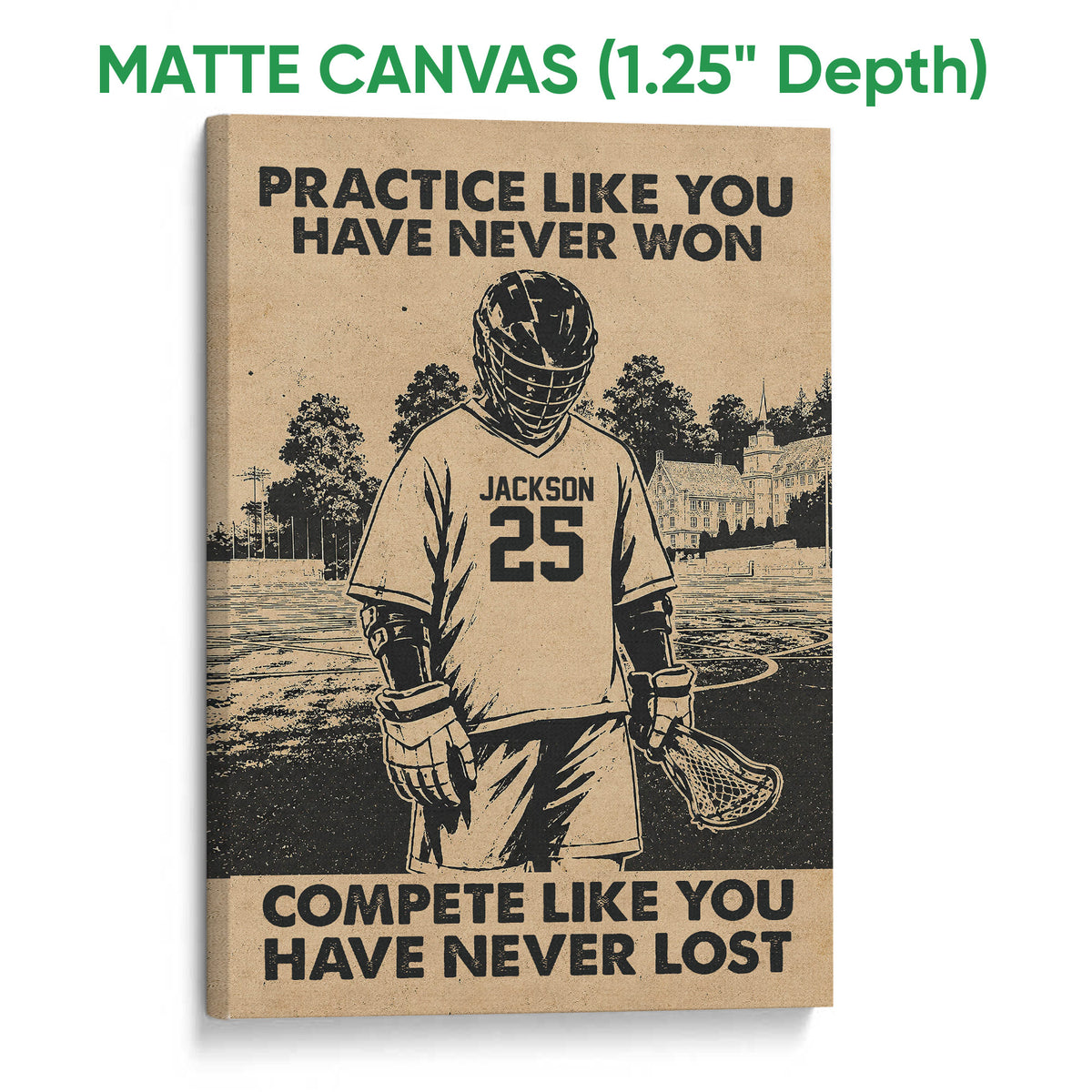 Matte canvas lacrosse wall art showing a helmeted player with lacrosse stick in a distressed sepia design