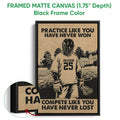 Black framed lacrosse canvas wall art with a bold player illustration, field background, and detailed frame close-up