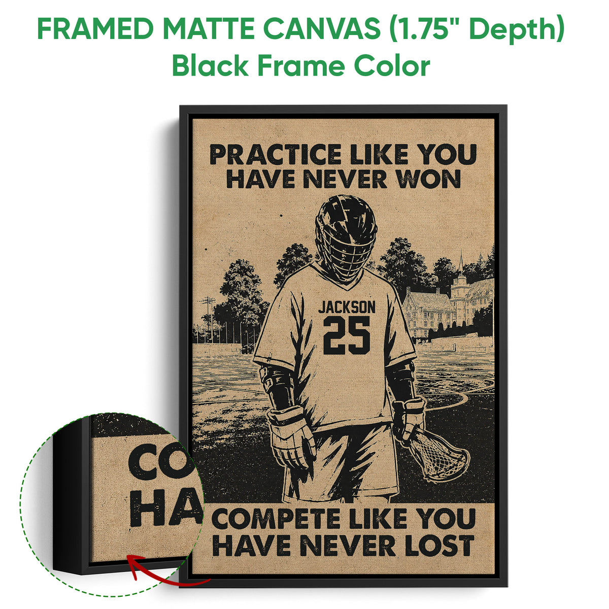 Black framed lacrosse canvas wall art with a bold player illustration, field background, and detailed frame close-up