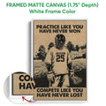 White framed lacrosse canvas wall art featuring a sepia player illustration and close-up of the frame finish