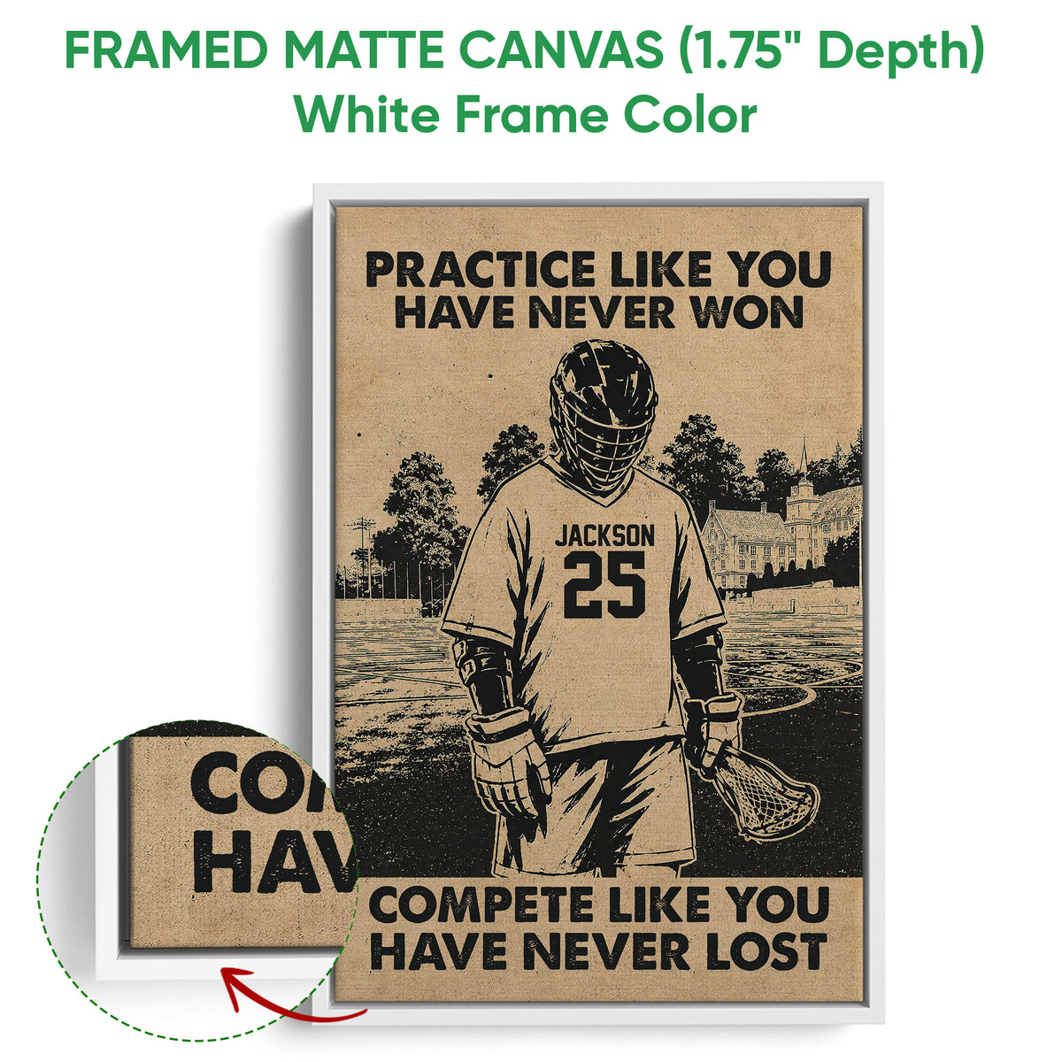 White framed lacrosse canvas wall art featuring a sepia player illustration and close-up of the frame finish