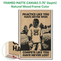 Natural wood framed lacrosse wall art with a sepia player illustration and close-up showing the wood frame