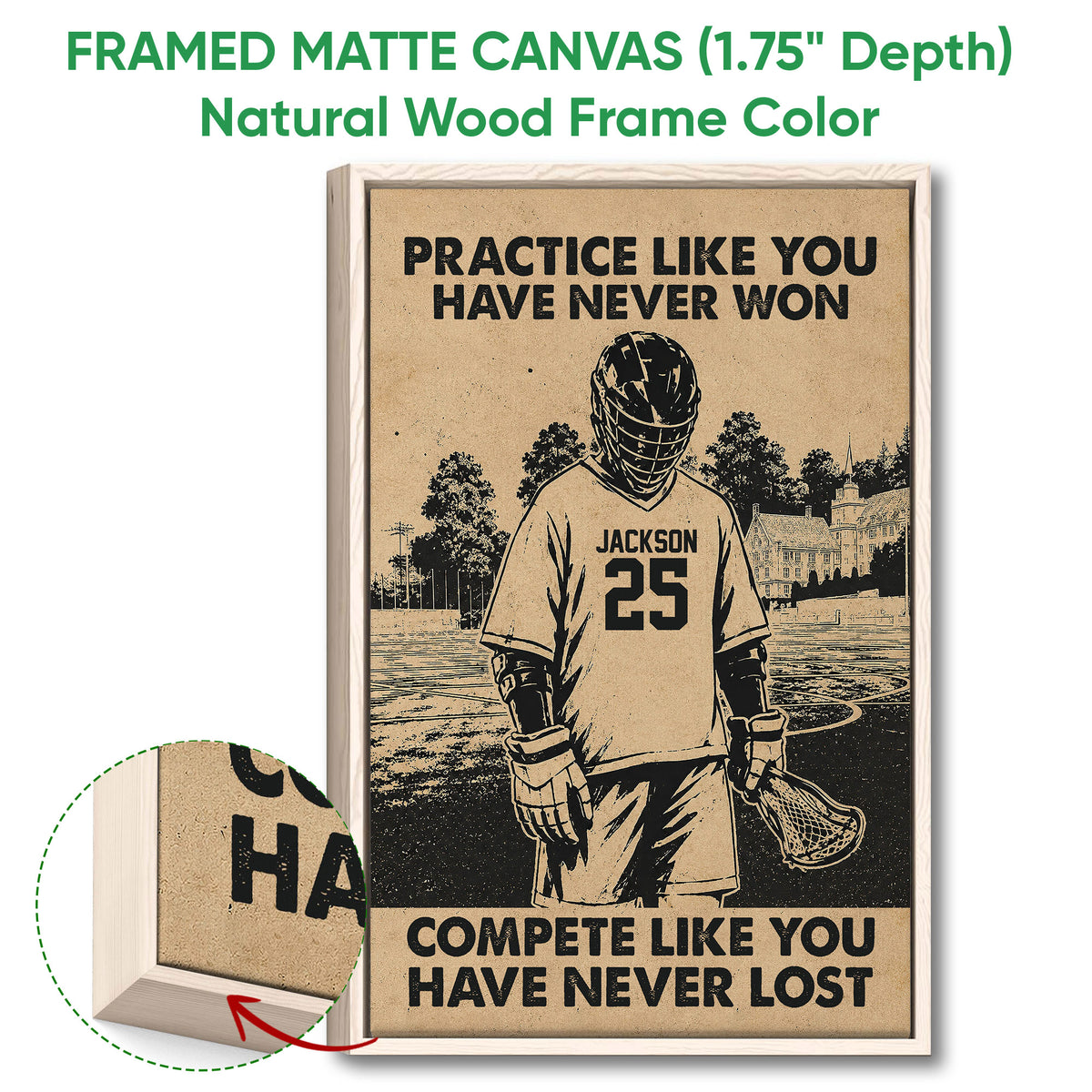 Natural wood framed lacrosse wall art with a sepia player illustration and close-up showing the wood frame