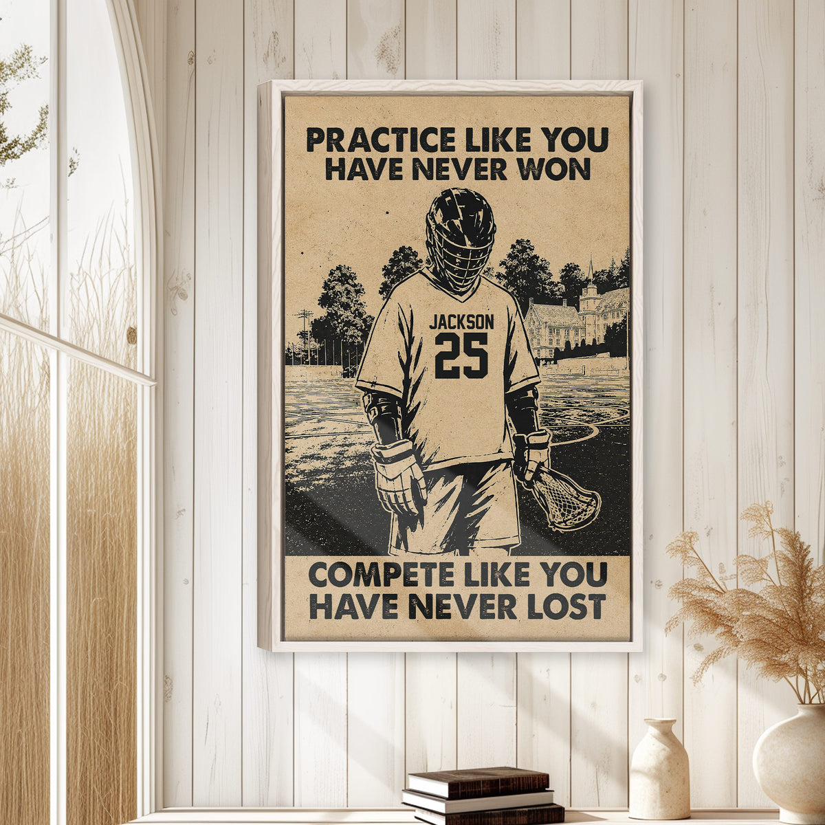 Lacrosse wall art displayed in a bright room with white paneled walls and natural wood decor