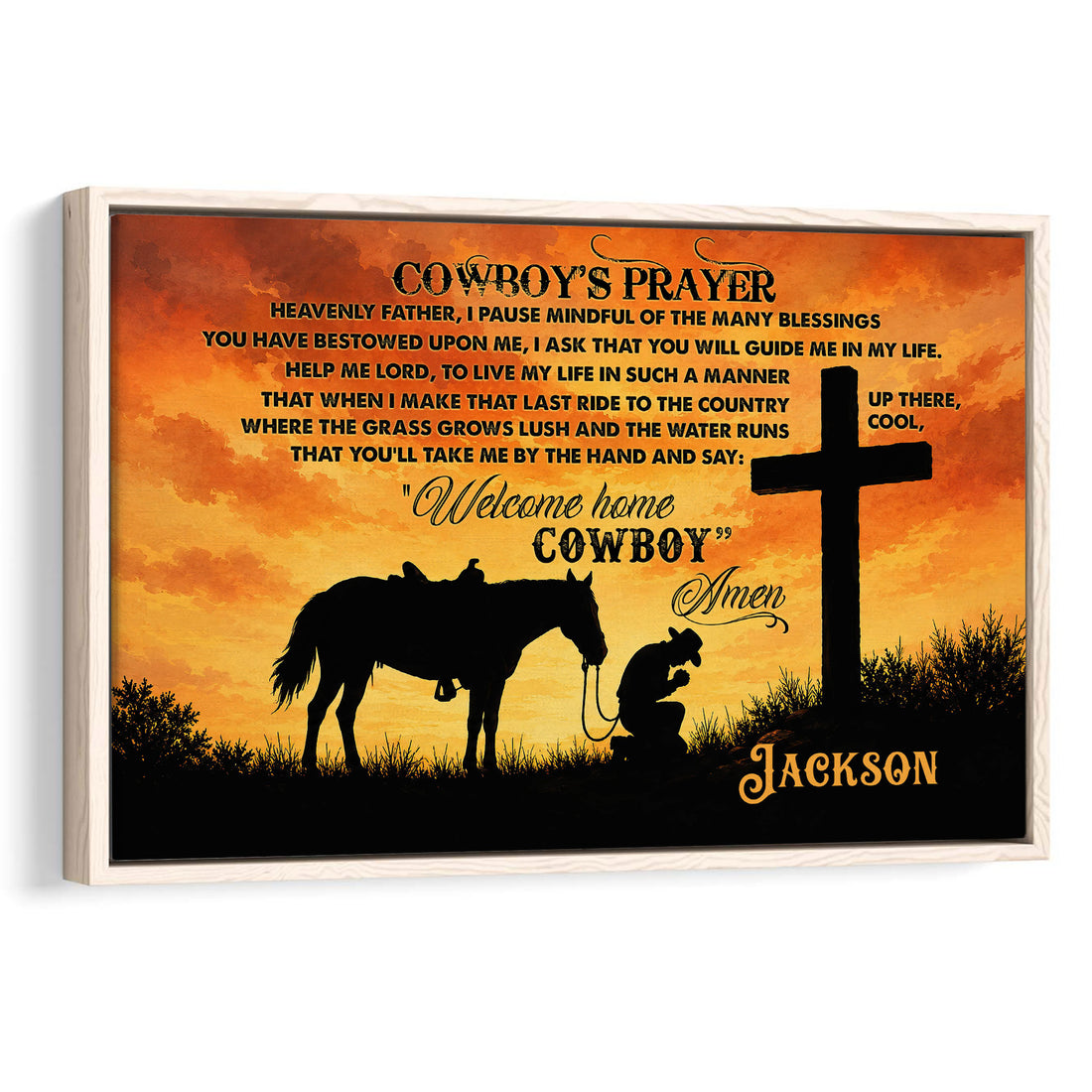 Framed cowboy prayer wall art with horse, kneeling cowboy, cross, and glowing orange western sunset