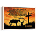 Framed cowboy prayer wall art with horse, kneeling cowboy, cross, and glowing orange western sunset