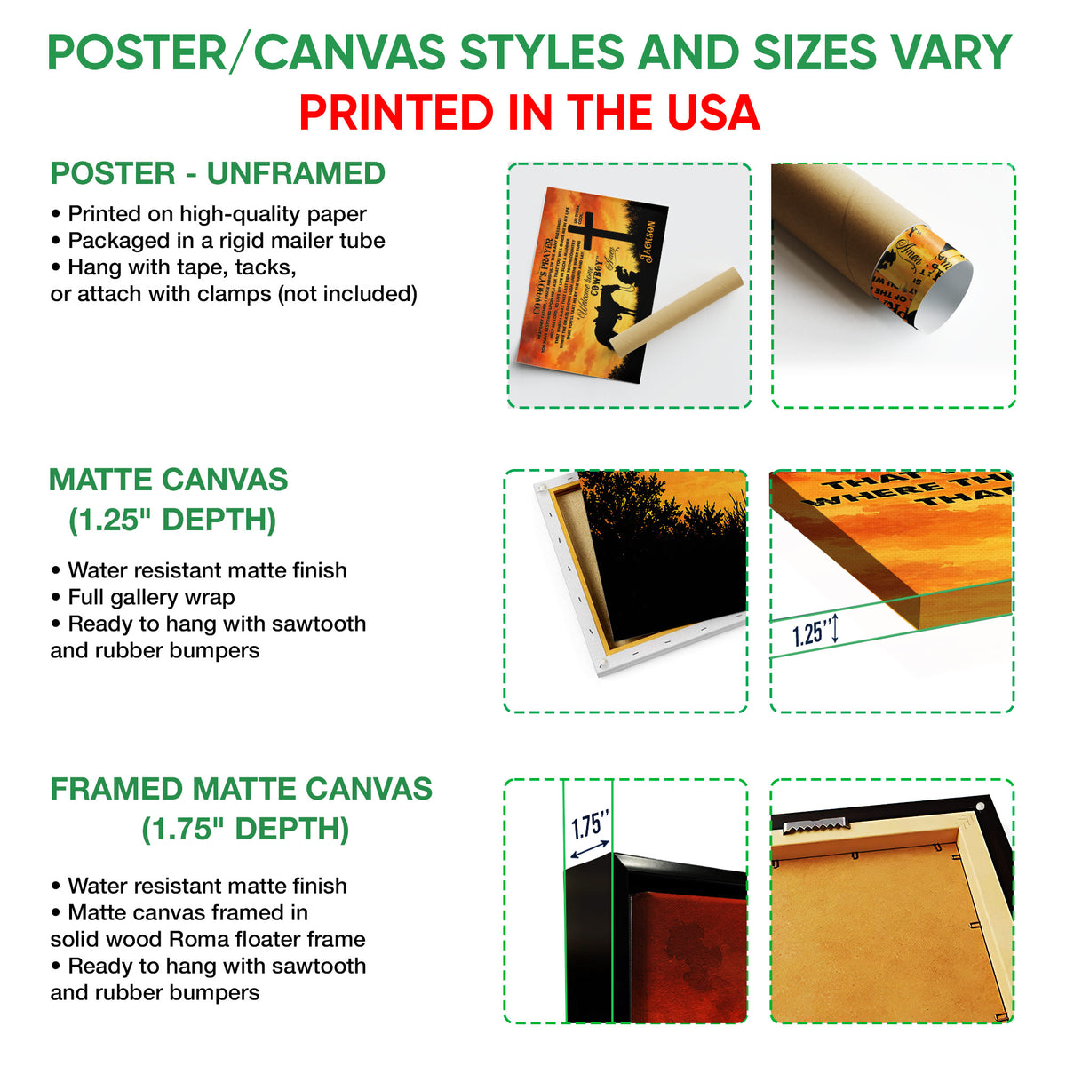 Poster and canvas wall art format guide showing unframed poster, matte canvas, and framed canvas examples
