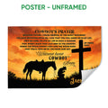 Unframed cowboy prayer poster featuring a horse, kneeling cowboy, cross, and warm western sunset colors
