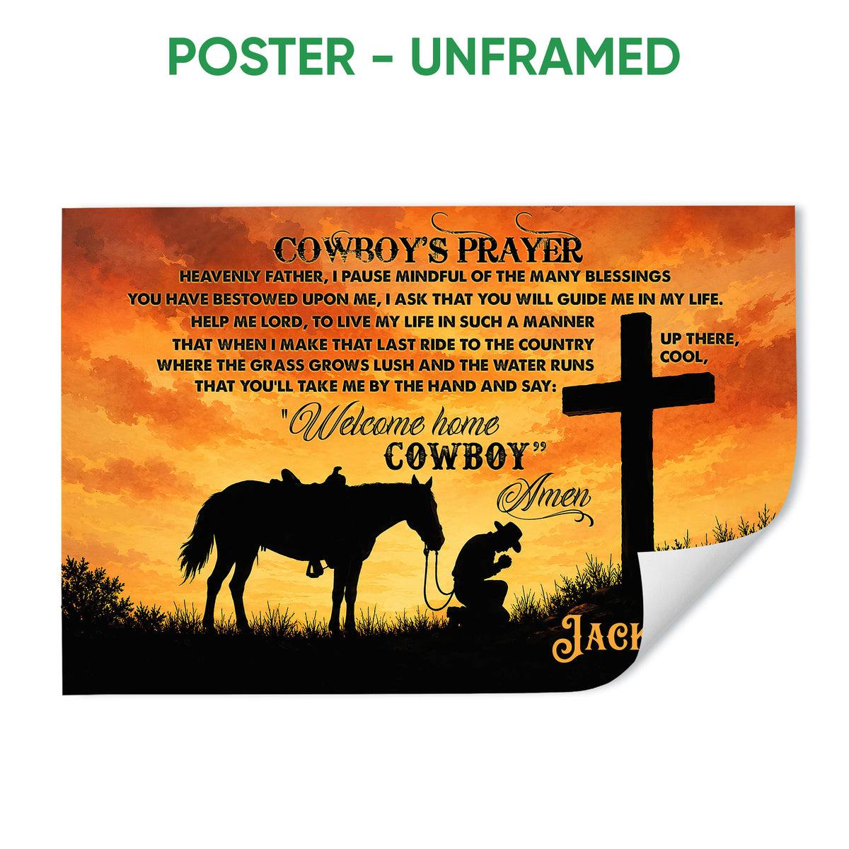 Unframed cowboy prayer poster featuring a horse, kneeling cowboy, cross, and warm western sunset colors