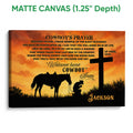 Matte canvas cowboy prayer wall art with horse and cross silhouettes against an orange sunset