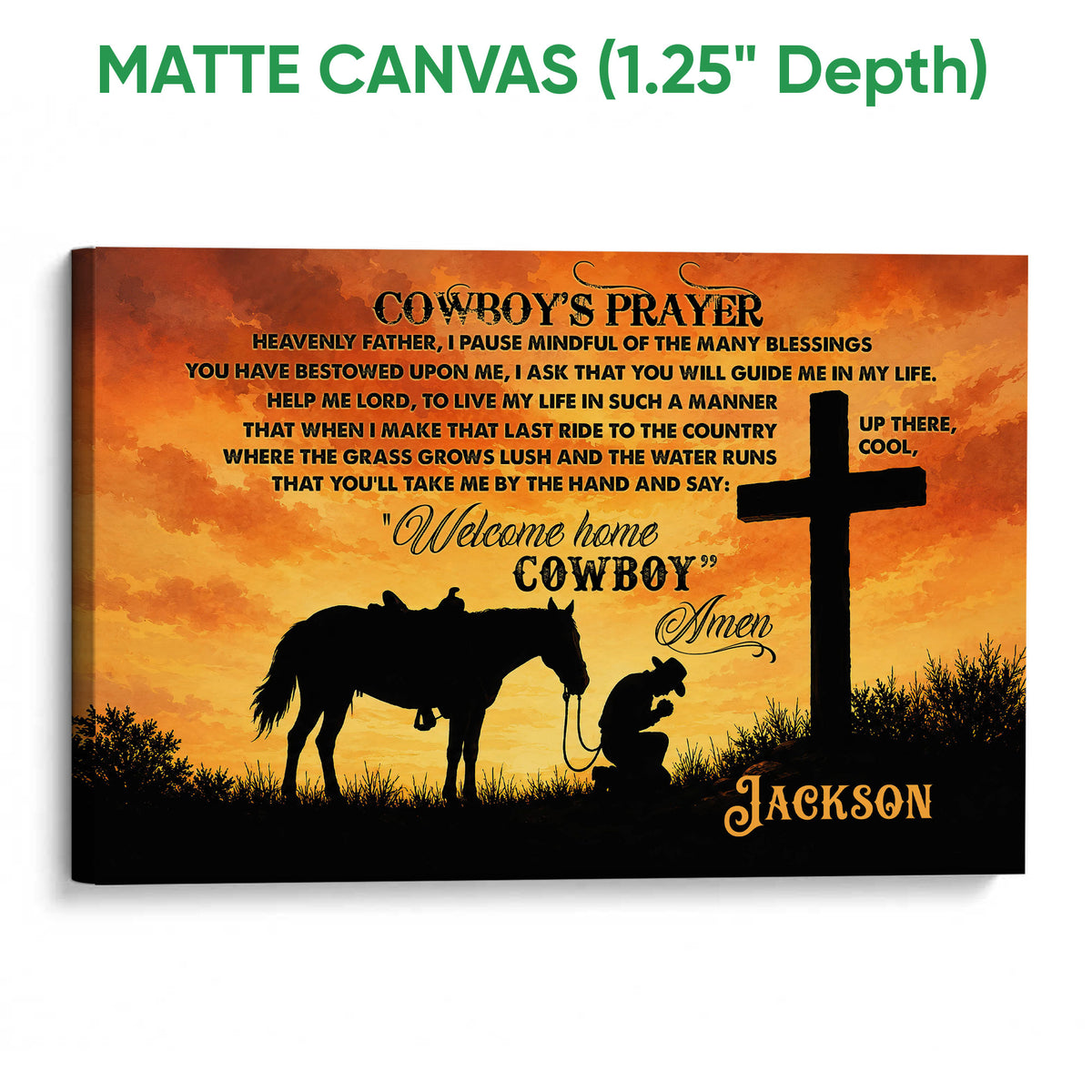 Matte canvas cowboy prayer wall art with horse and cross silhouettes against an orange sunset