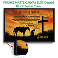 Framed cowboy prayer canvas shown with a black frame and detailed western artwork