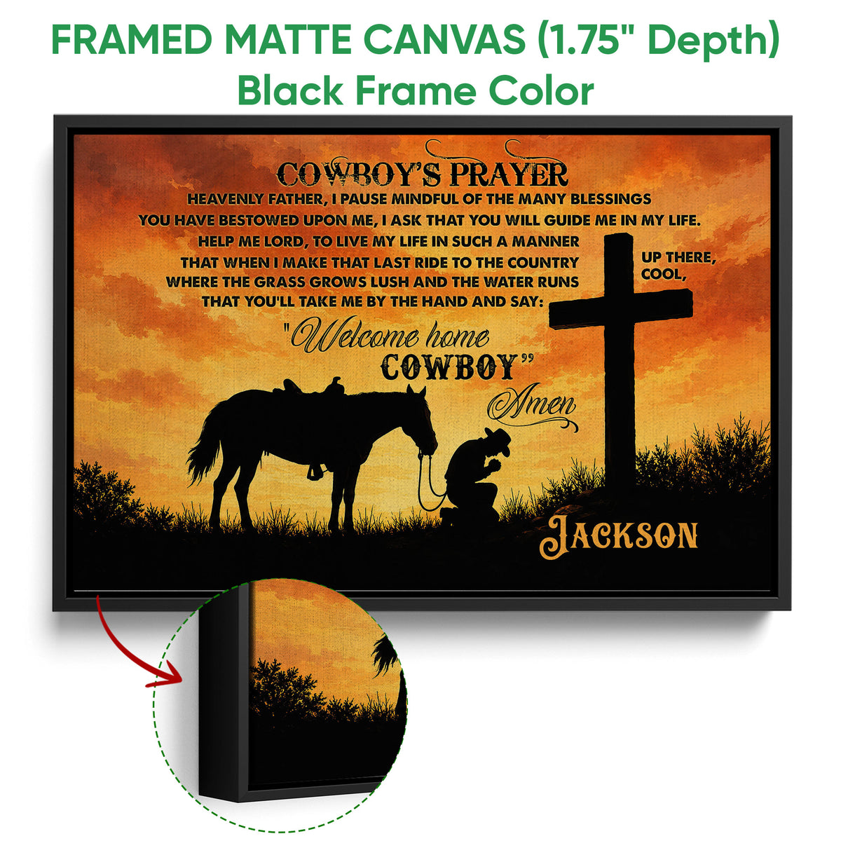 Framed cowboy prayer canvas shown with a black frame and detailed western artwork