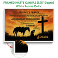 Framed cowboy prayer canvas shown with a white frame and horse, cross, and sunset design
