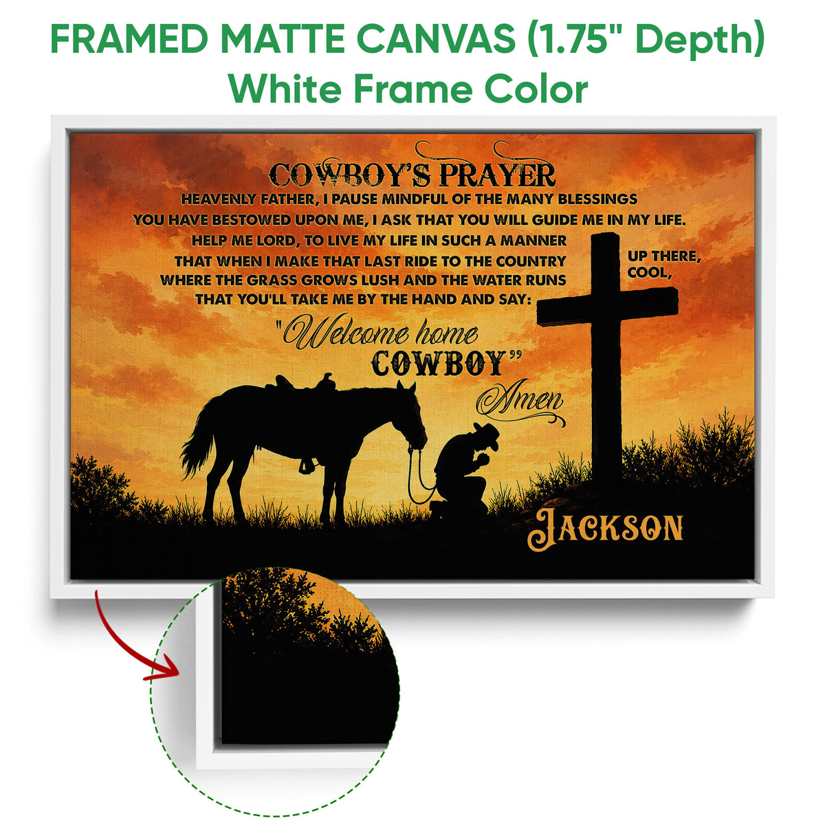 Framed cowboy prayer canvas shown with a white frame and horse, cross, and sunset design