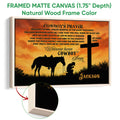 Framed cowboy prayer canvas shown with a natural wood frame and western horse scene
