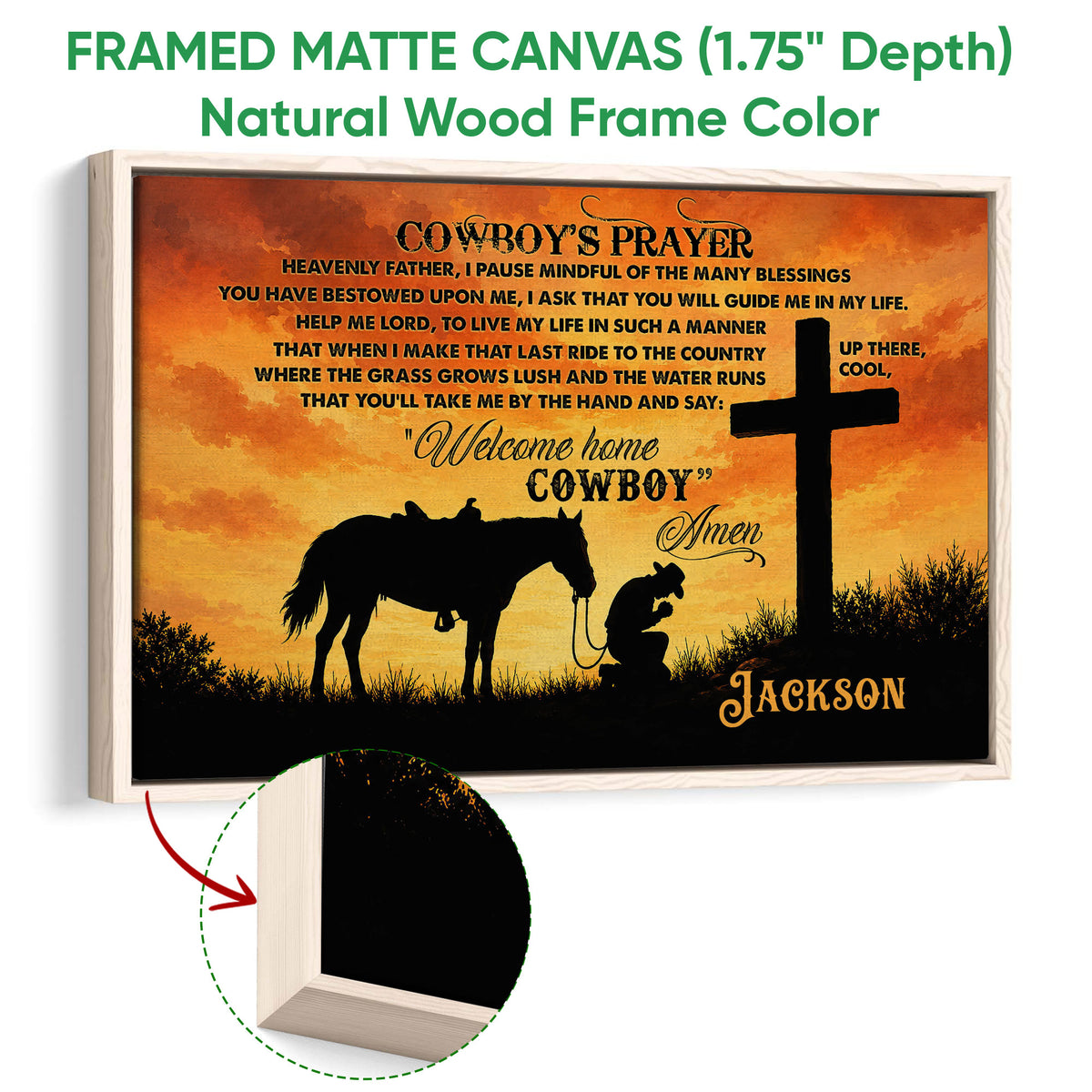 Framed cowboy prayer canvas shown with a natural wood frame and western horse scene
