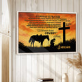 Cowboy prayer wall art displayed in a bright rustic room with white wood walls