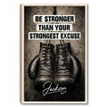 Framed boxing wall art with black gloves, bold motivational lettering, and a distressed neutral background