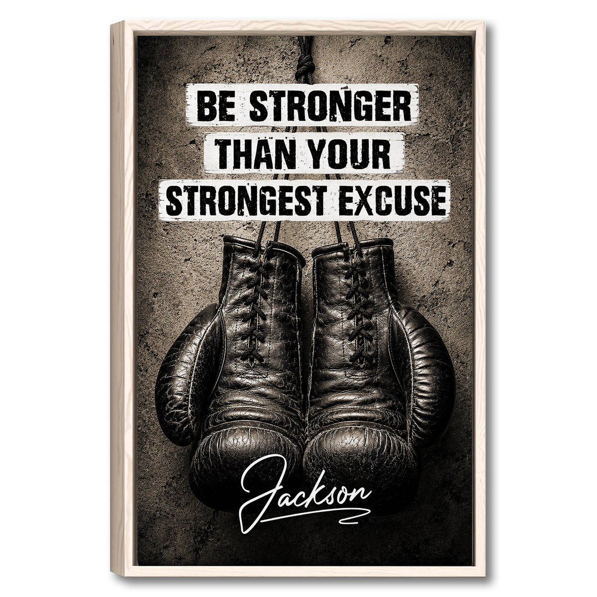 Framed boxing wall art with black gloves, bold motivational lettering, and a distressed neutral background