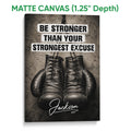 Matte canvas boxing wall art with black gloves and a textured motivational design