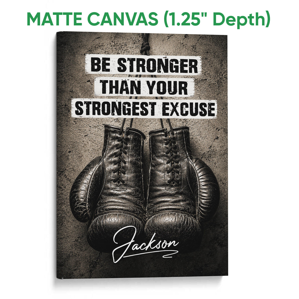 Matte canvas boxing wall art with black gloves and a textured motivational design