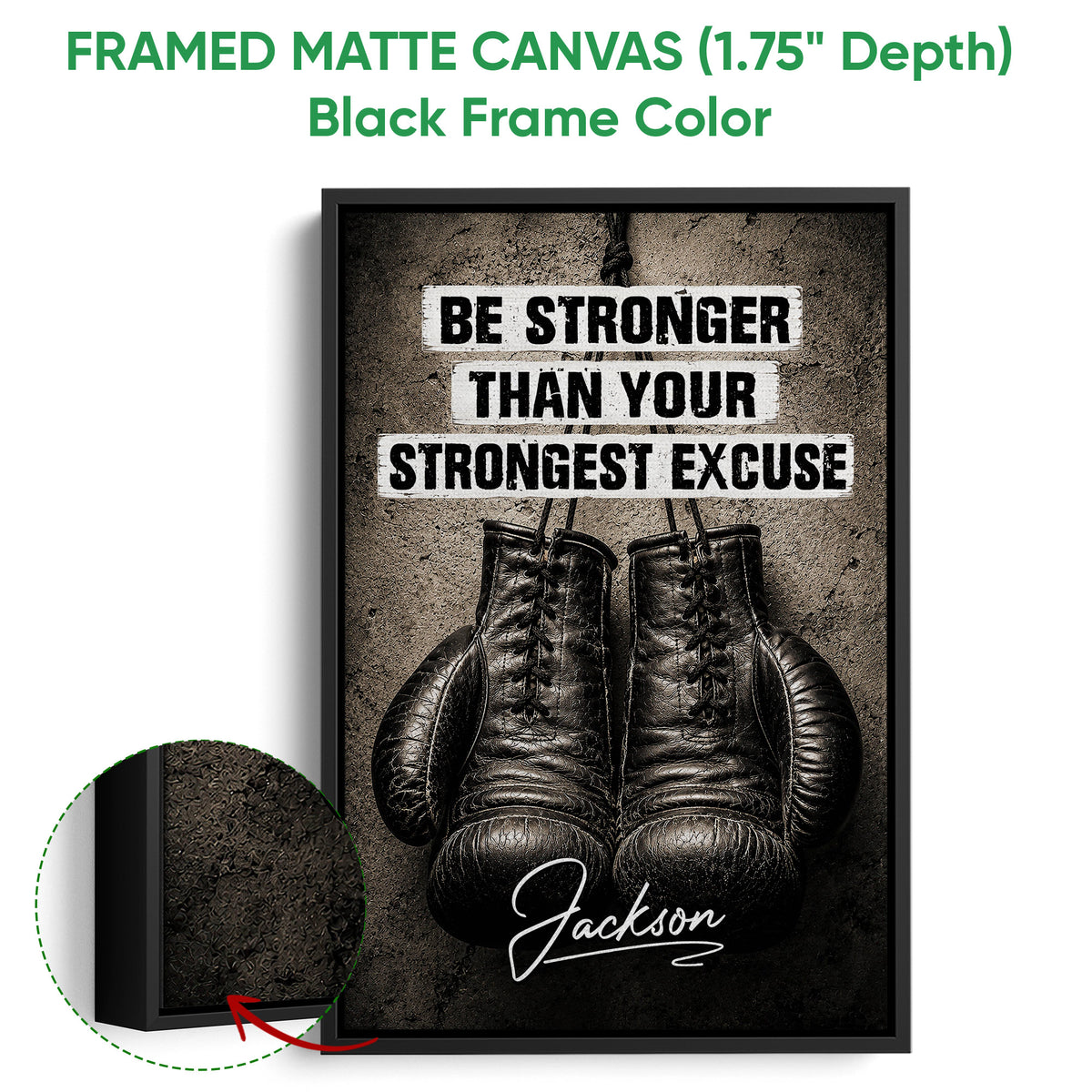 Framed matte canvas boxing wall art shown with a black frame and close-up texture detail