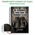 Framed matte canvas boxing wall art shown with a white frame and close-up surface detail