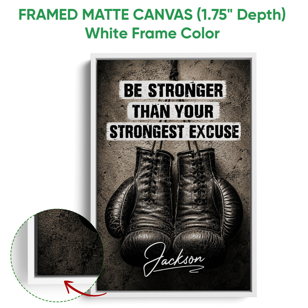 Framed matte canvas boxing wall art shown with a white frame and close-up surface detail