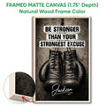 Framed matte canvas boxing wall art shown with a natural wood frame and close-up edge detail